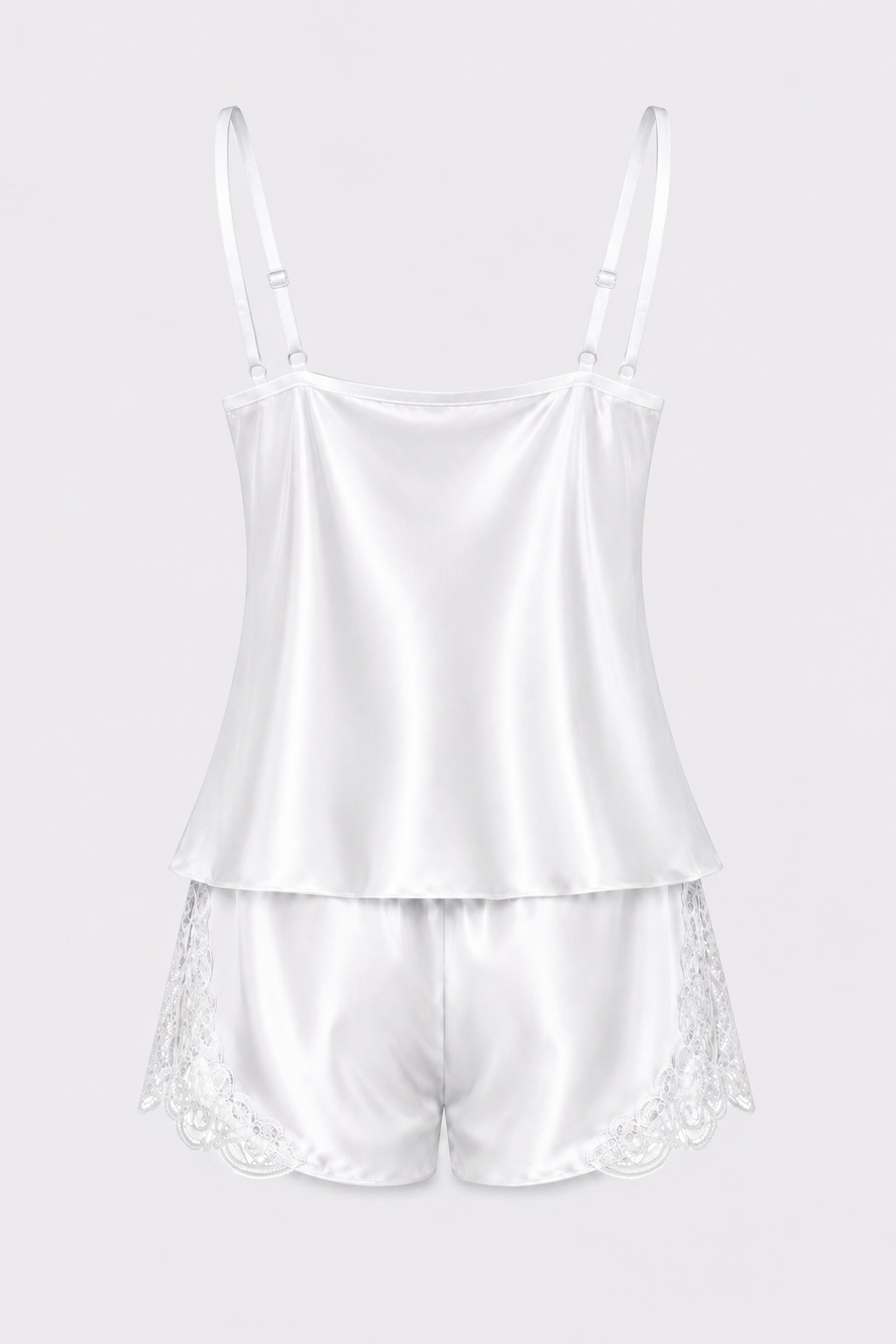 Beyaz Dantelli Saten Şortlu Pijama Takımı